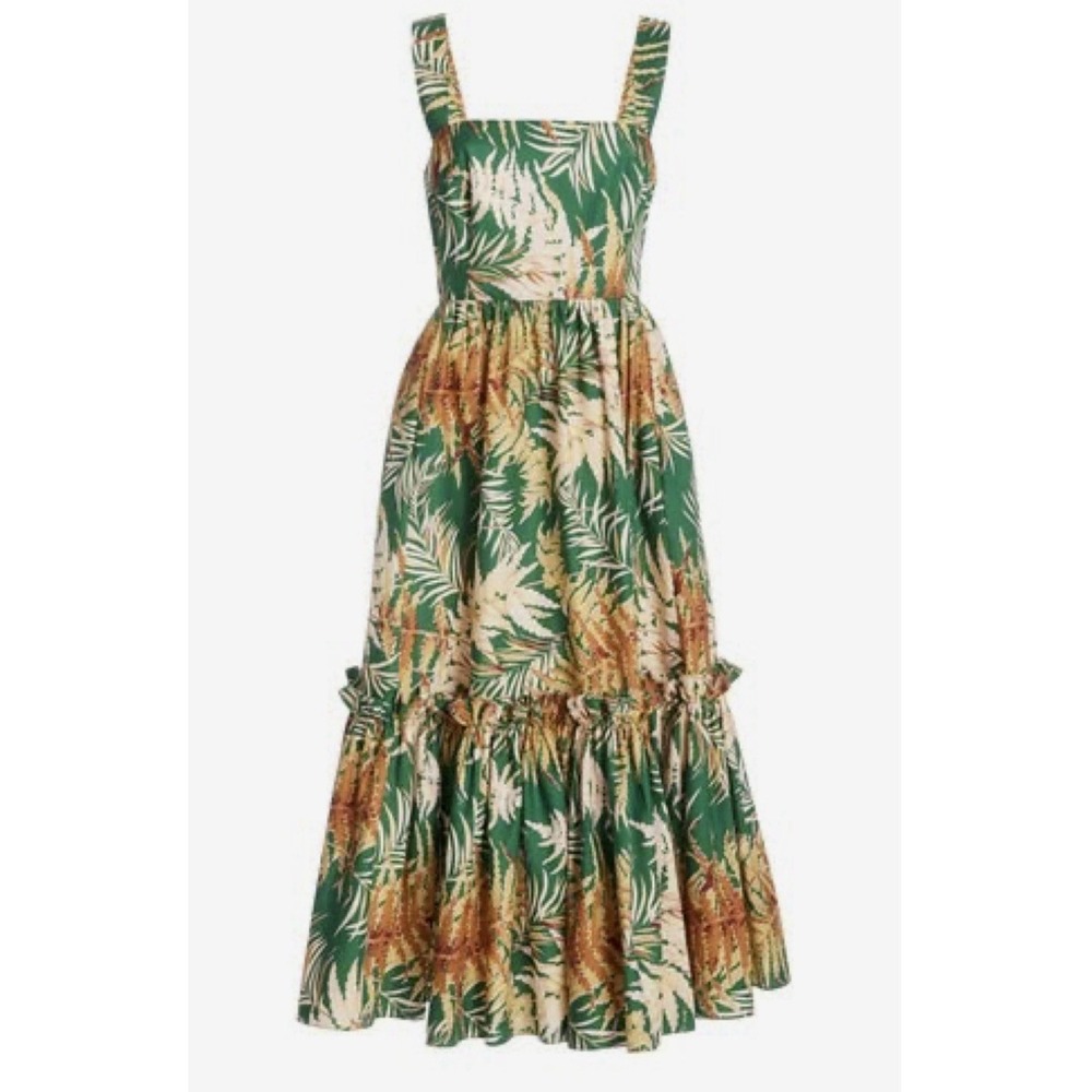 Cara‎ Cara Julia Midi Sundress Green Palm Print Size Medium Fit Flare Ruffle